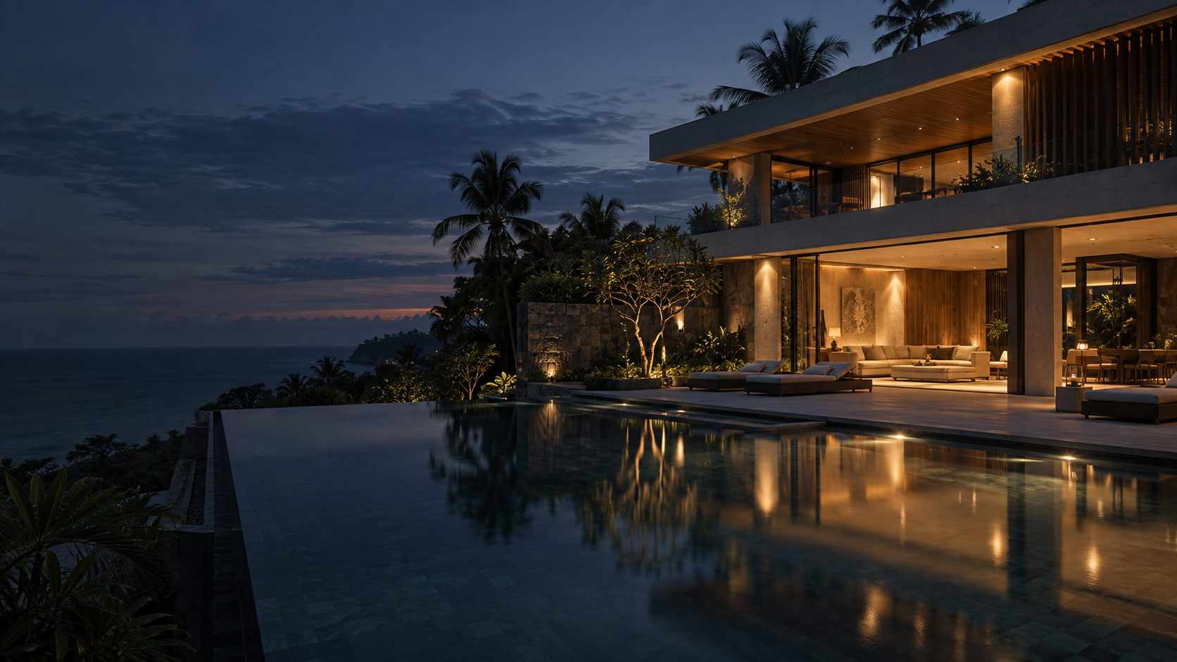 Contemporary Bali villa at dusk